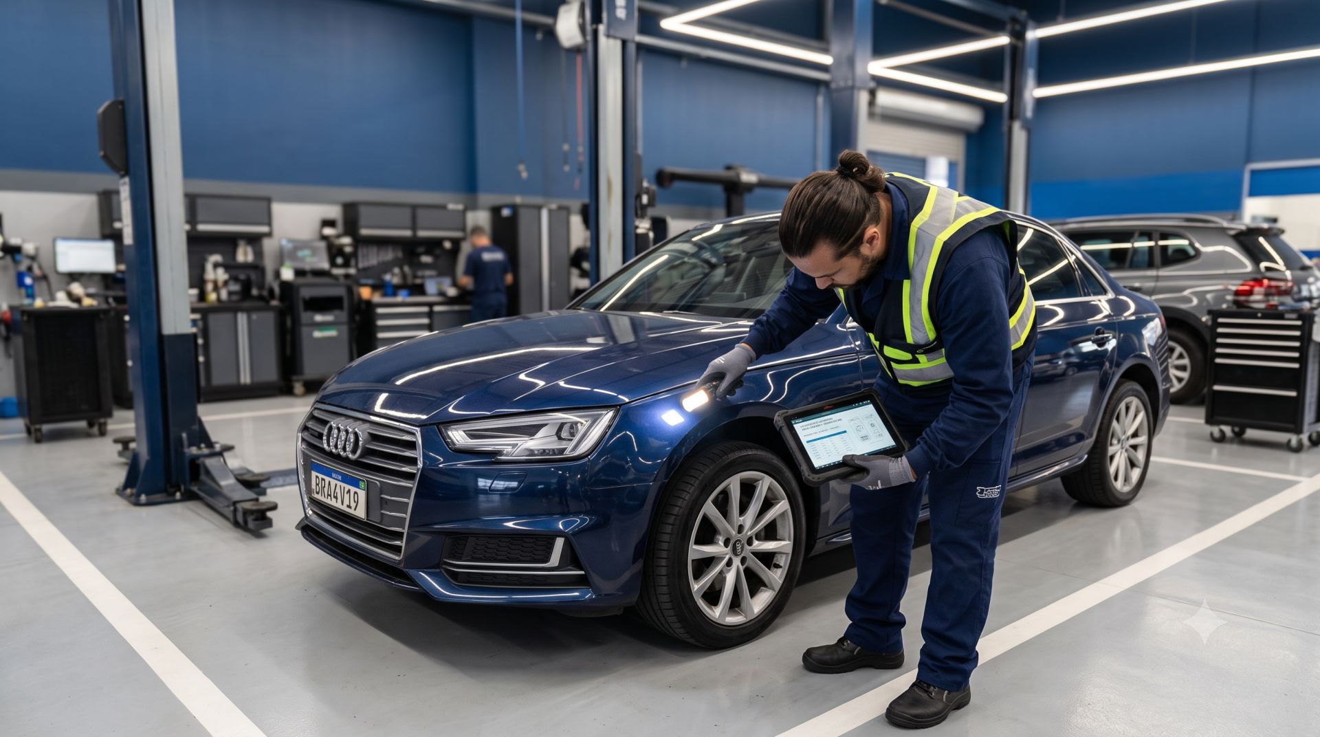 Técnico especializado realizando inspeção cautelar veicular detalhada em um sedan prateado dentro de oficina moderna e iluminada, com equipamentos digitais de diagnóstico e prancheta de laudo técnico, paleta azul-escuro e cromado, iluminação profissional cinematográfica, ângulo lateral baixo, fotografia comercial ultra-realista