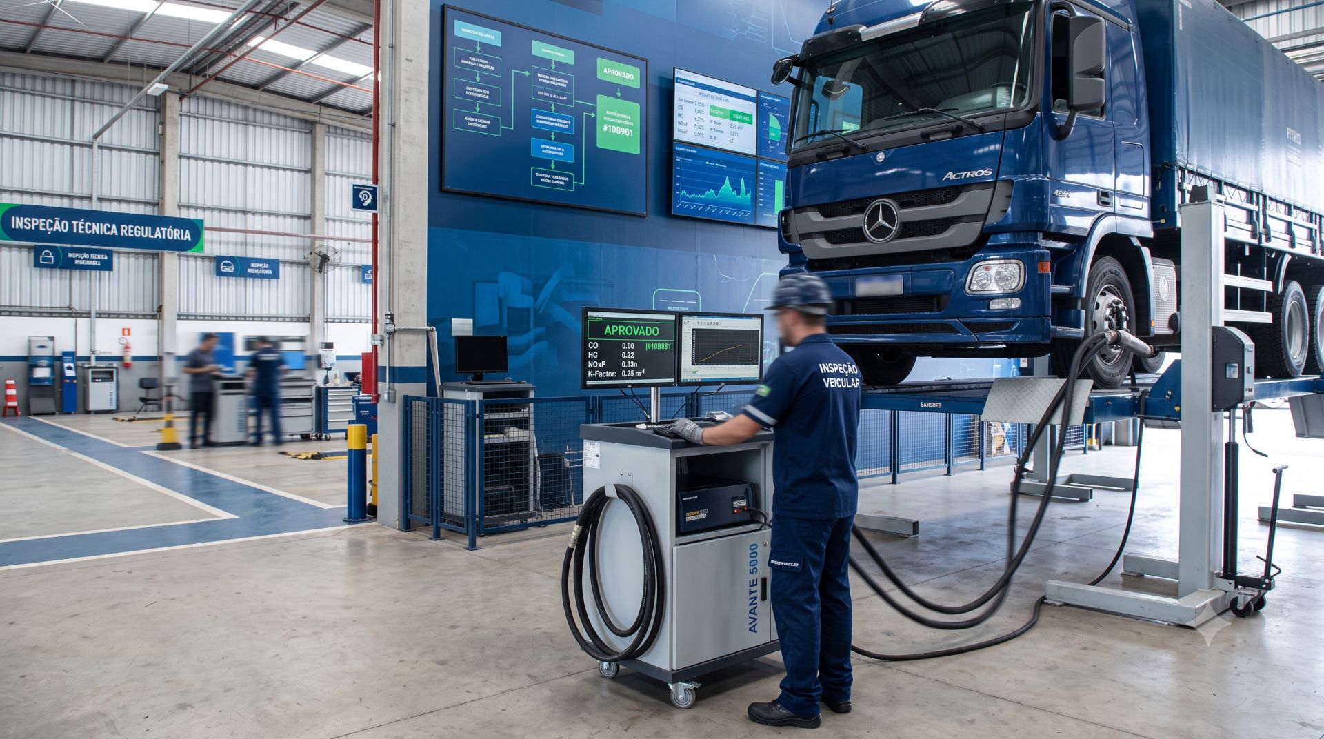 Mecânico profissional uniformizado realizando inspeção veicular completa com tablet digital ao lado de um SUV moderno em centro automotivo, equipamentos de diagnóstico OBD conectados ao painel, paleta azul-petróleo e laranja, iluminação dramática lateral, ângulo frontal levemente inclinado, fotografia editorial automotiva ultra-realista